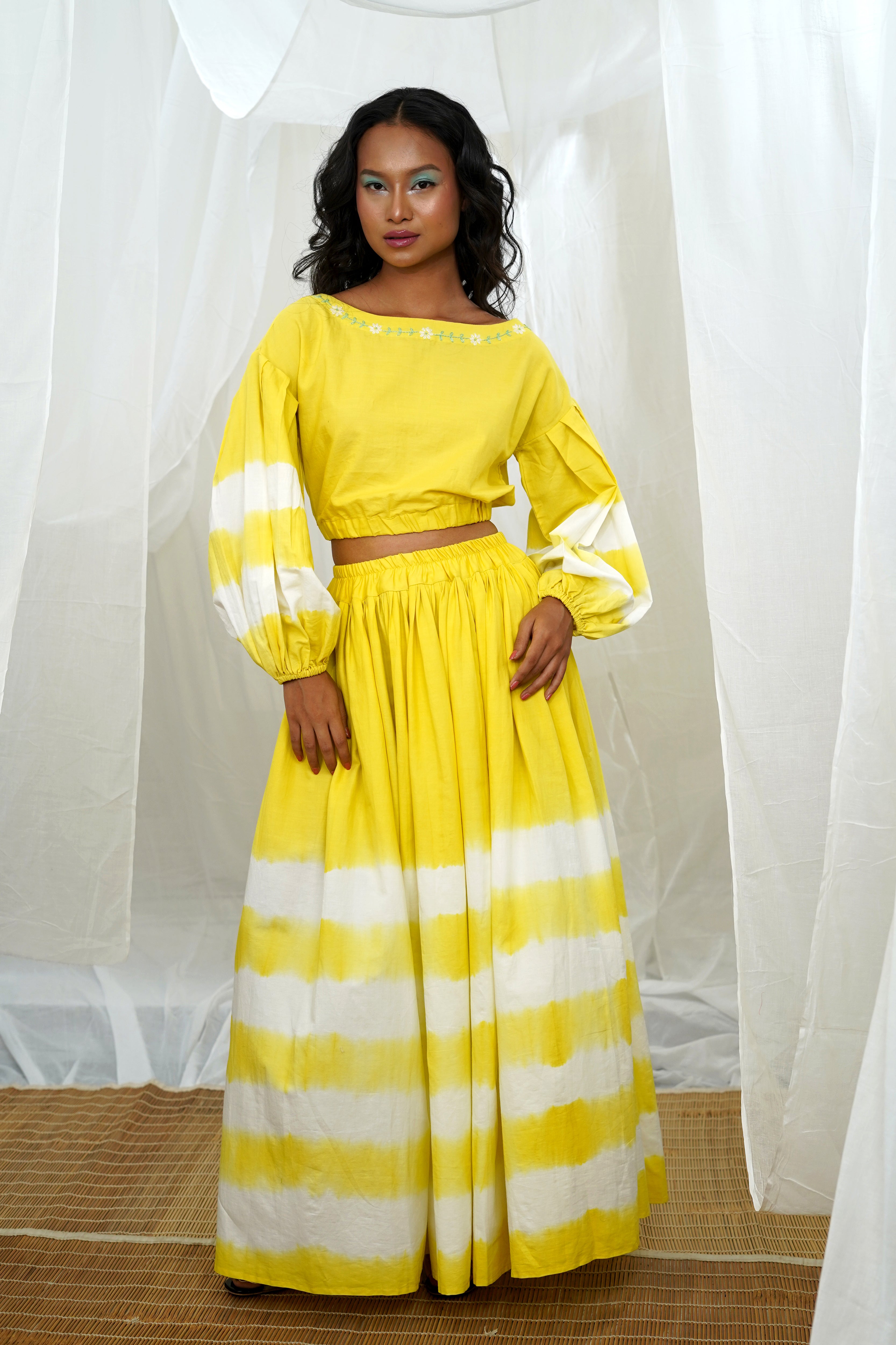 White skirt yellow on sale top